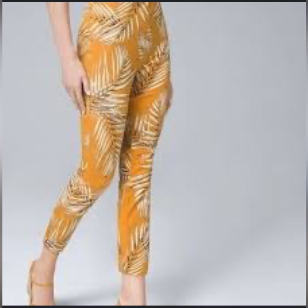 White House Black Market The Skinny Crop Mustard Leaf Print Pants